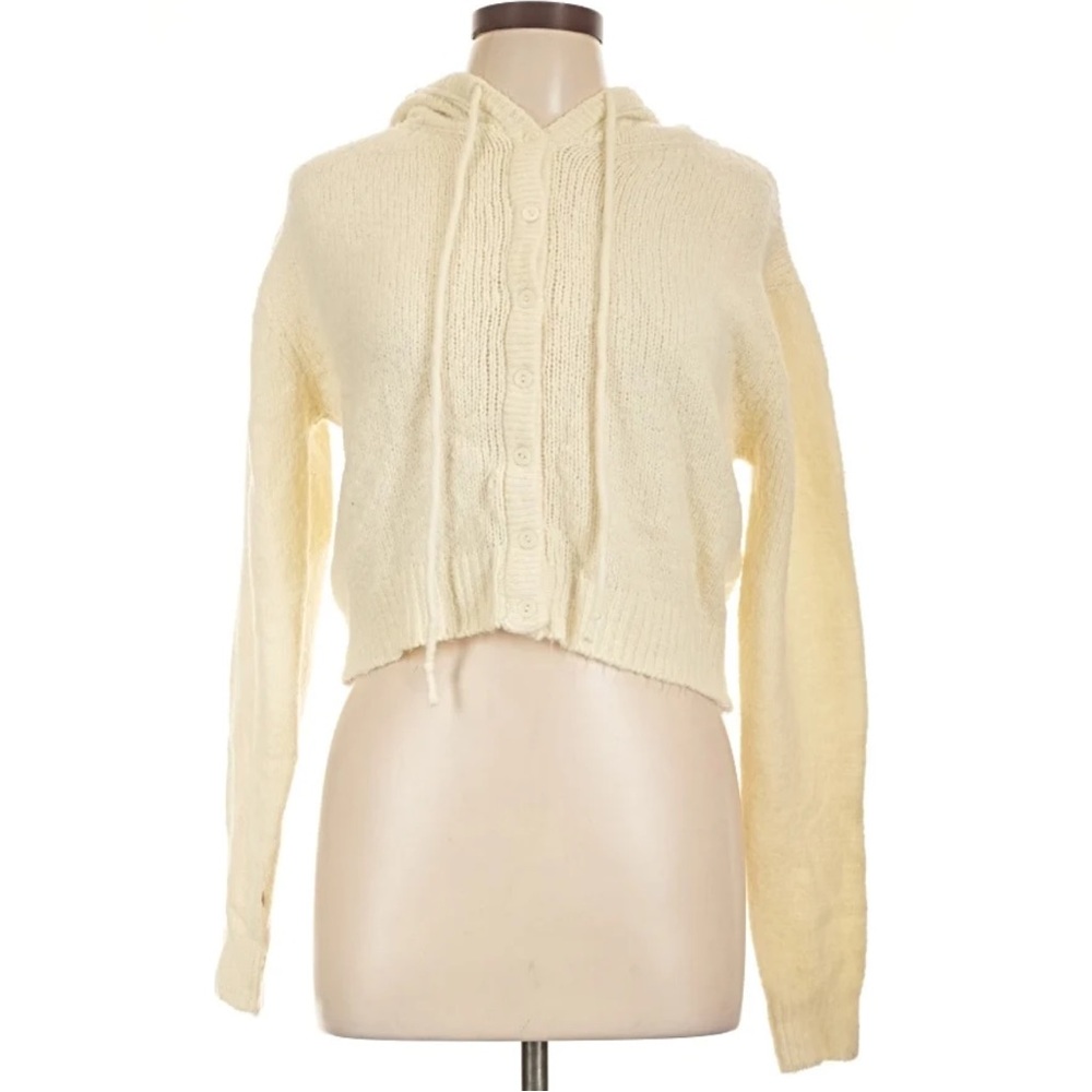 Urban Nation size S Cream Cable knit Cropped hooded button up cardigan Sweater